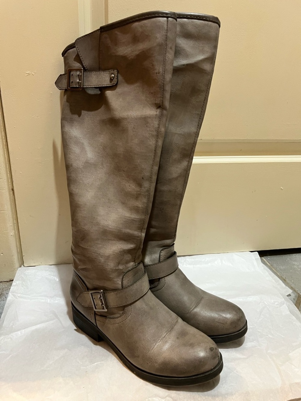 Taupe Knee High Riding Boots Size 8.5 Buckle Detail Neutral Fall Boots